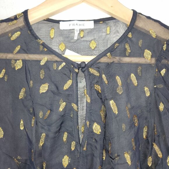 FRAME NWT Shirred Keyhole Top Womens XS in Noir Metallic Gold Sheer Lightweight - Picture 6 of 11